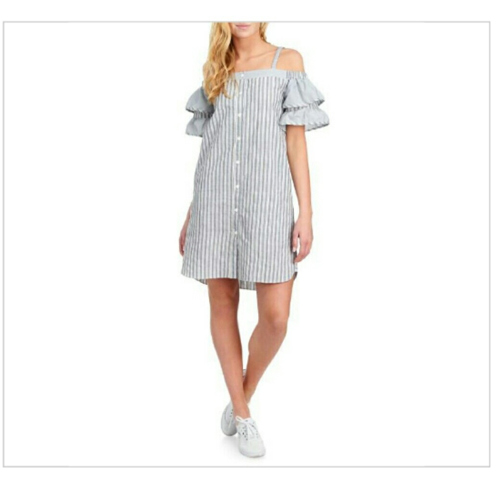 NWT V Stripe Print Cold Shoulder Button Front
